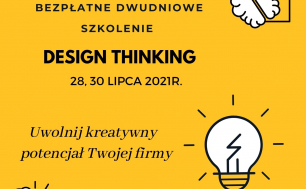 plakat  z żarówką, zarysem głowy i napisem Design Thinking, bezpłatne szkolenie;uwolnij kreatywny potencjał twojej firmy